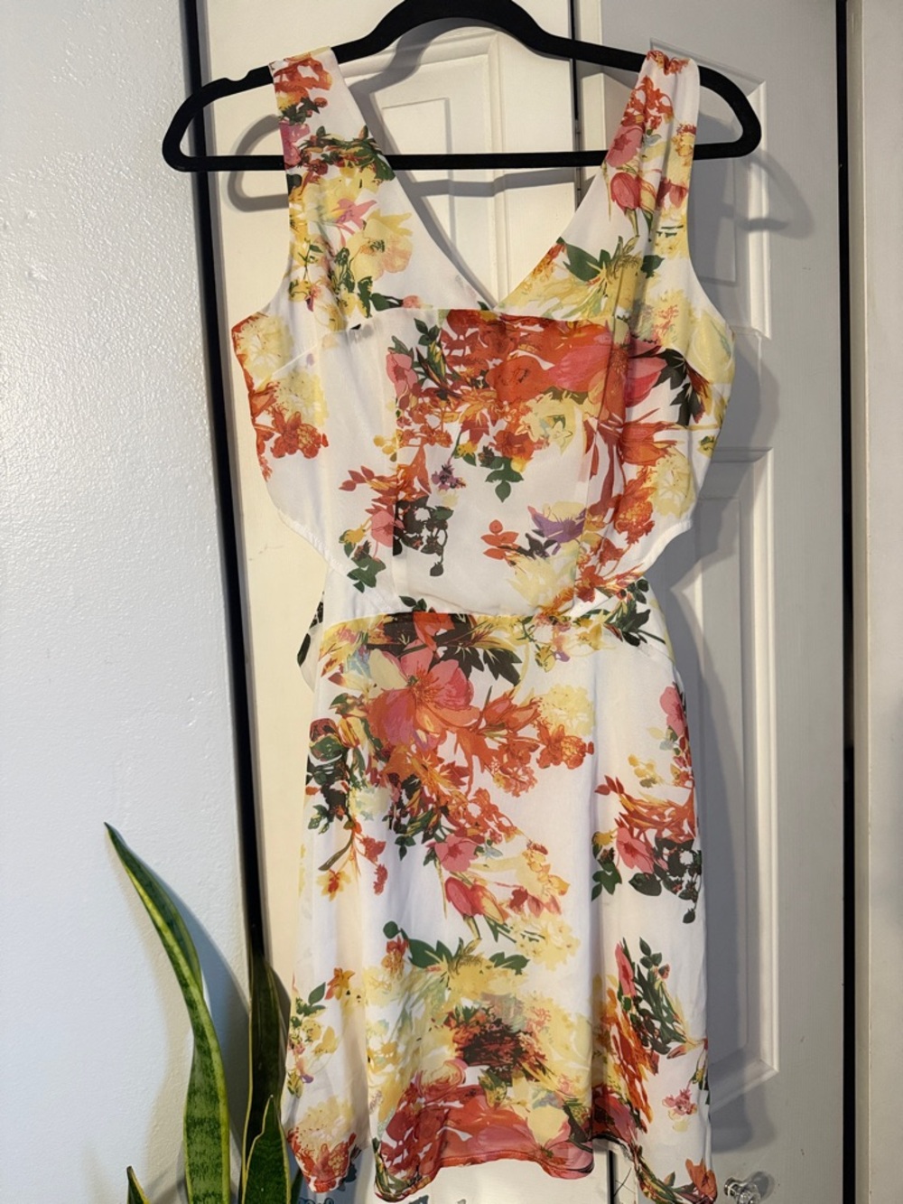 Floral V-Neck Summer Dress in White with Orange & Yellow Blooms
